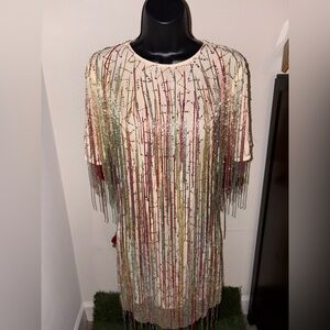 Sequin Fringe Dress with Multicolor Stripes by Nasty Gal size 6/8
